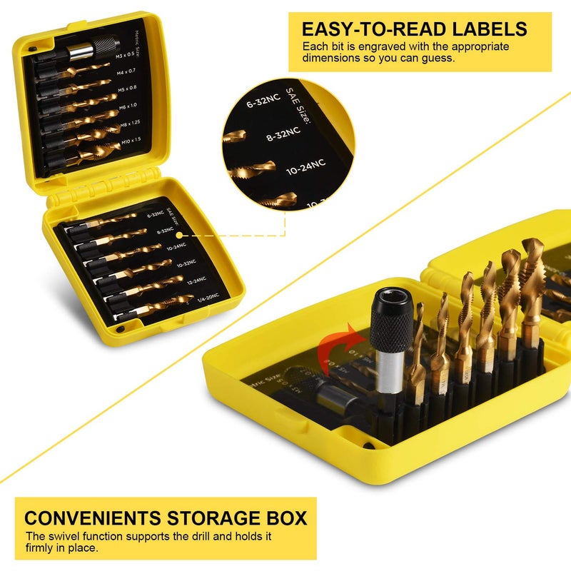 THINKWORK Combination Drill Tap & Tap Bit Set, 3-in-1 Titanium Coated Screw Tapping Bit Tool for Drilling, Tapping, Countersinking, with Quick-Change Adapter, 13 PCS SAE/Metric - Image 4